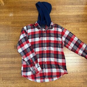 Aeropostale Men's XL Flannel Shirt‎ Hoodie Red Blue Plaid Long Sleeve Menswear